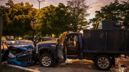 EDITORS NOTE: Graphic content / View of bullet ridden and crashed vehicles in a street of Culiacan, state of Sinaloa, Mexico, on October 17, 2019, after heavily armed gunmen in four-by-four trucks fought an intense battle with Mexican security forces. - Mexican security forces on Thursday arrested one son of jailed drug kingpin Joaquin "El Chapo" Guzman in an operation that triggered fighting in the western city of Culiacan, Security Minister Alfonso Durazo said. (Photo by RASHIDE FRIAS / AFP) (Photo by RASHIDE FRIAS/AFP via Getty Images)