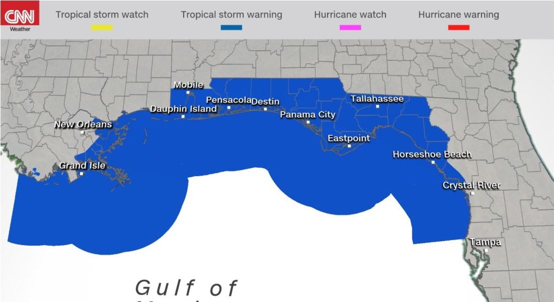 Tropical storm warnings as of 8 a.m. ET Friday.