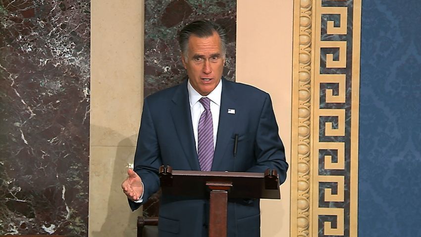 In this image fro video, Sen. Mitt Romney, R-Utah., speaks on the Senate floor, Thursday, Oct. 17, 2019, in Washington. (Senate television via AP)
