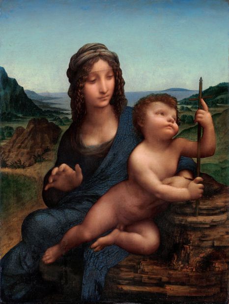 The Madonna of the Yarnwinder, c. 1501. Private Collection. Two versions of a painting called "Madonna of the Yarnwinder" have been attributed, at least partly, to Leonardo. They are known colloquially as the "Buccleuch Madonna" (now at the Scottish National Gallery in Edinburgh) and the "Lansdowne Madonna" (in a private collection). Leonardo's studio produced dozens of copies of a small devotional portrait of Mary and child in which the latter is holding a tool used to collect yarn. However, experts are unsure which ones -- if any -- were touched by the master's hand. The presence of <em>pentimenti</em> -- an alteration in the composition that shows the artist had second thoughts -- are typical of Leonardo, and less likely to be found in a copy, which has swayed attribution towards him.