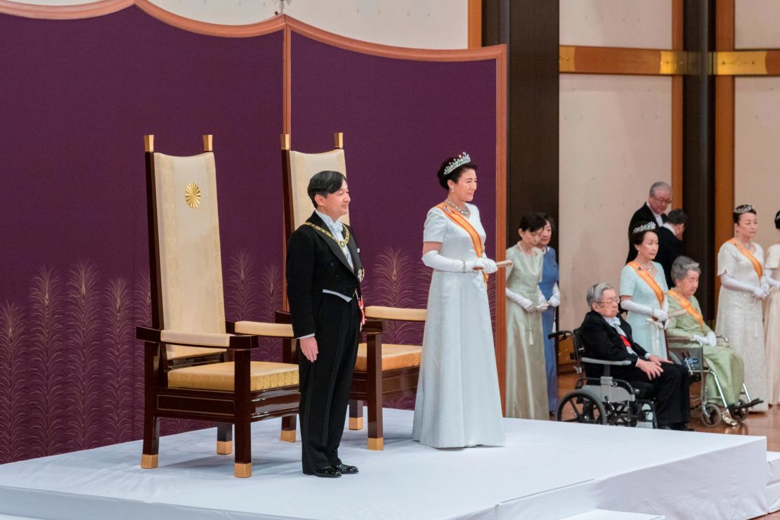 New Japanese Emperor Naruhito delivers his first speech after ascending the throne during the enthronement ceremony at the Imperial Palace on May 1, 2019 in Tokyo.