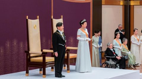 New Japanese Emperor Naruhito delivers his first speech after ascending the throne during the enthronement ceremony at the Imperial Palace on May 1, 2019 in Tokyo.