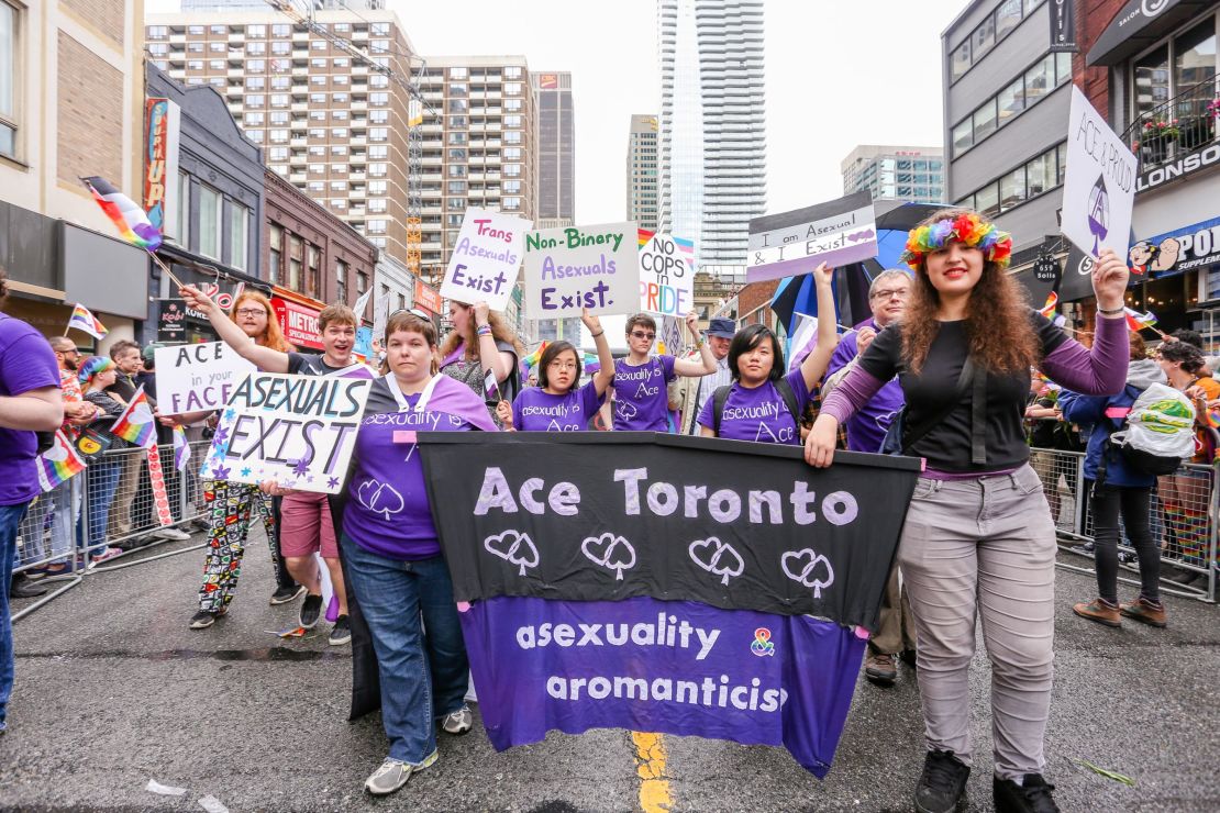 An ace group marches at the Toronto Pride Parade on June 24, 2018.