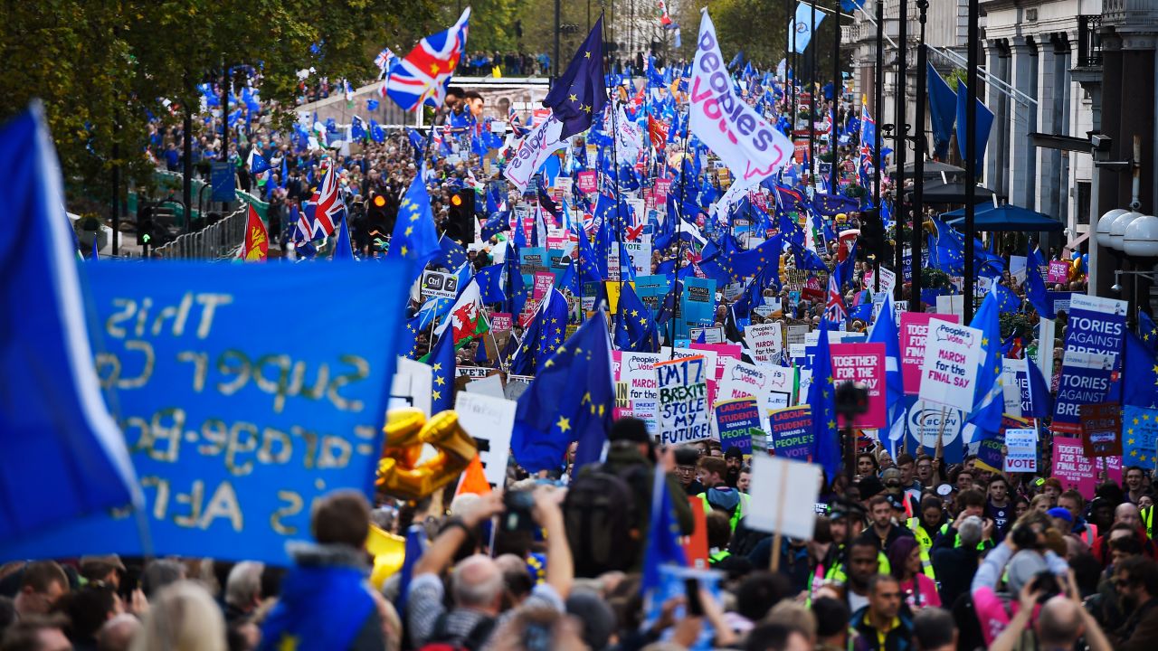 Crowds march through central London holding European Union flags and anti-Brexit signs. 