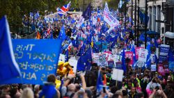 LONDON, ENGLAND - OCTOBER 19: Crowds march through central London to demand a People's Vote on the Governments new Brexit deal on October 19, 2019 in London, England. Thousands have taken to the streets of London demanding a referendum to give the British public the final say on the Brexit. The march coincides with a rare Saturday sitting of Parliament, during which MPs will debate and vote on the Prime Minister's new Brexit deal.  (Photo by Peter Summers/Getty Images)