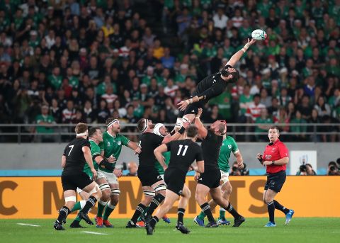 Samuel Whitelock of New Zealand stretches for a lineout ball.