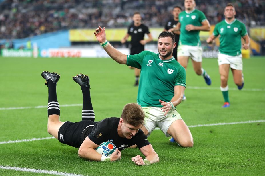 Jordie Barrett of New Zealand scores his team's seventh try.