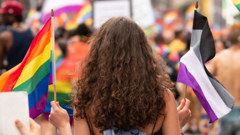 A woman carries the rainbow flag and the asexual pride flag at the WorldPride parade in New York on June 23.