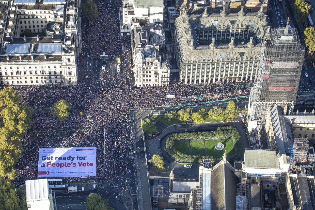 An aerial view of the protesters in Parliament Square in London. There are no official numbers for the size of the turnout. 