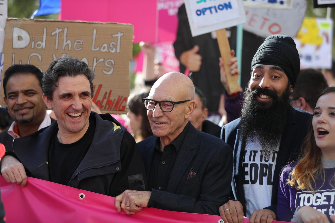 Actors Paul McGann and Patrick Stewart join other protesters demanding a second vote. 