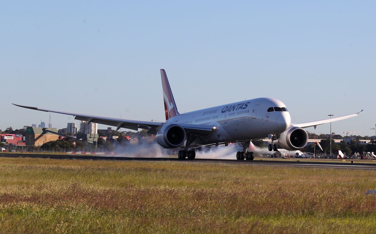The Qantas Boeing 787 Dreamliner plane arrives at Sydney International Airport after flying direct from New York on Sunday, October 20, 2019.