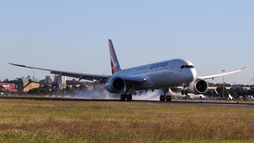 The Qantas Boeing 787 Dreamliner plane arrives at Sydney International Airport after flying direct from New York on Sunday, October 20, 2019 in Australia. Qantas will operate the flights later this year, with medical scientists and health experts on board to conduct studies in the cockpit and the cabin to help determine strategies to promote long haul inflight health and wellbeing on ultra-long haul flights. It will be the first commercial airline to ever fly direct from New York to Sydney. It comes as the national carrier continues to work towards the final frontier of global aviation by launching non-stop commercial flights between the US and the UK to the east coast of Australia in an ambitious project dubbed "Project Sunrise".   David Gray /Getty Images for Qantas