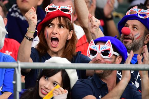 France fans are pictured during the Rugby World Cup 2019 quarterfinal against Wales.