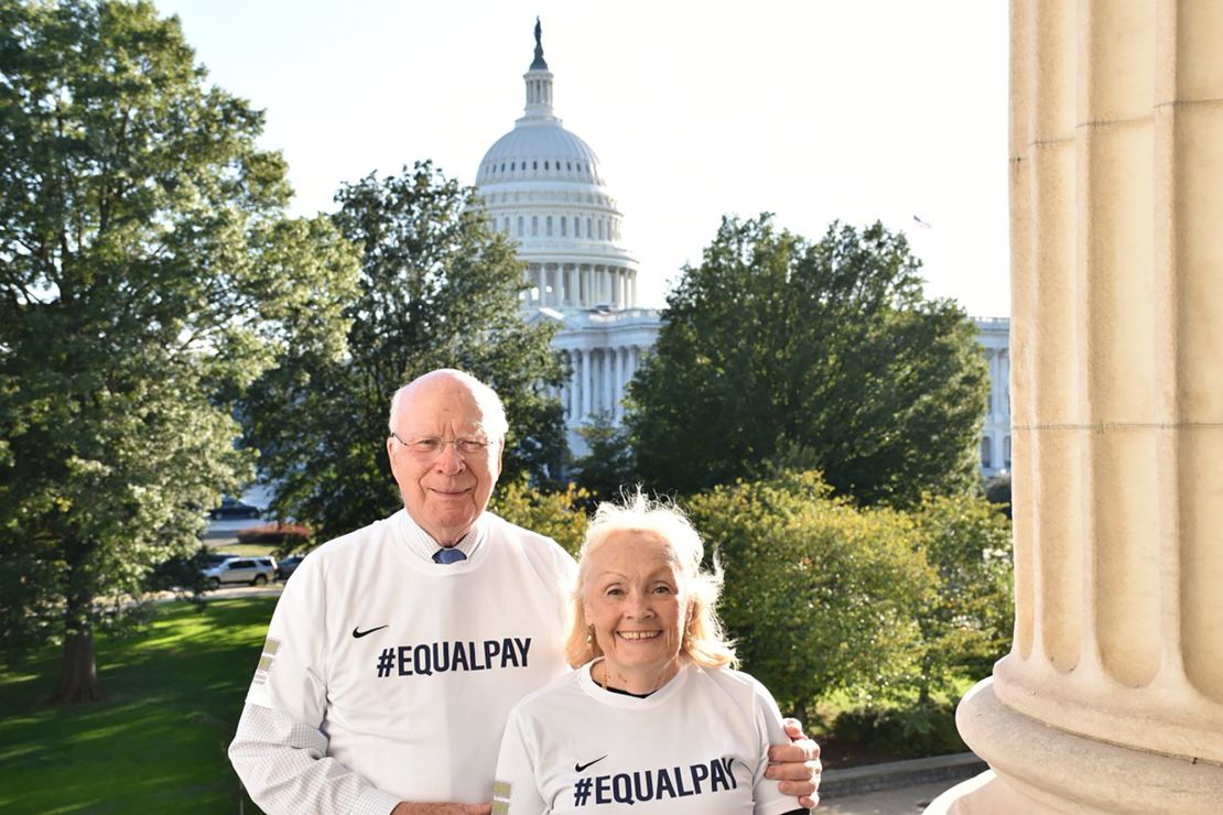 Sen. Patrick Leahy and his wife Marcelle wearing #EqualPay T-shirts.