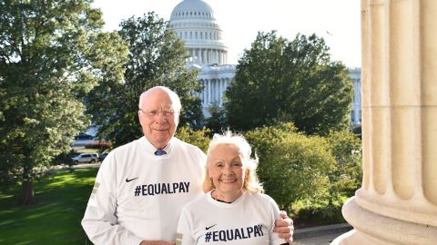 Sen. Patrick Leahy and his wife Marcelle wearing #EqualPay T-shirts.