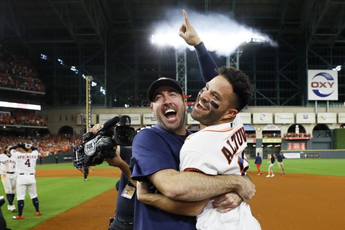Houston Astros second baseman Jose Altuve, right, celebrates with his teammate Justin Verlander after hitting a walk-off two-run homerun to <a href="index.php?page=&url=http%3A%2F%2Fcnn.com%2F2019%2F10%2F20%2Fsport%2Fhouston-astros-world-series%2Findex.html" target="_blank">win the American League Championship Series</a> against the New York Yankees in Houston on Saturday, October 19. The Astros will make their second World Series appearance in three seasons, going head-to-head with the Washington Nationals starting on Tuesday, October 22. 