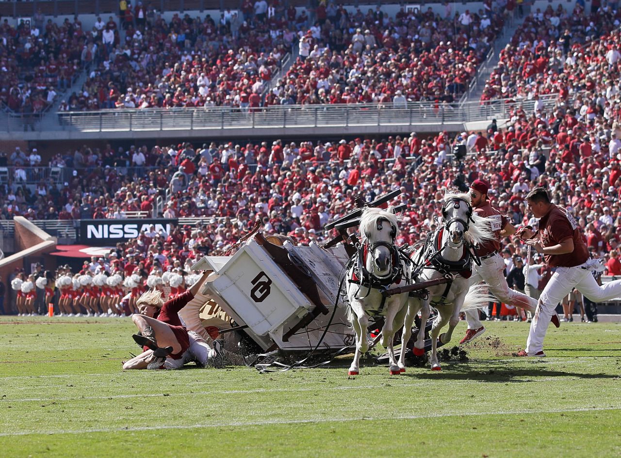 The University of Oklahoma's Sooner Schooner <a href="https://www.cnn.com/2019/10/19/football/sooner-schooner-crash-oklahoma-game-trnd/index.html" target="_blank">topples over during a touchdown celebration</a> in the second quarter of a college football game against West Virginia in Norman, Oklahoma, on October 19. In a statement released on Saturday, the OU Athletic department said, "Three individuals were evaluated at the stadium and released. All others reported that they were uninjured." The ponies were also uninjured in the accident.