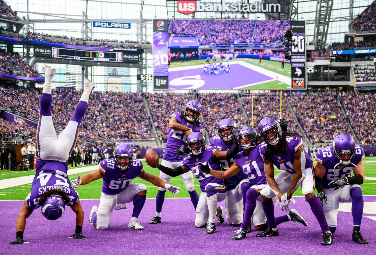 The Minnesota Vikings defense celebrates an interception during the fourth quarter of their NFL game against Philadelphia in Minneapolis, Minnesota, on October 13.