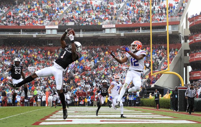 South Carolina Gamecocks defensive back Jaycee Horn deflects a pass intended for Van Jefferson of the Florida Gators during their game at Williams-Brice Stadium in Columbia, South Carolina, on October 19.