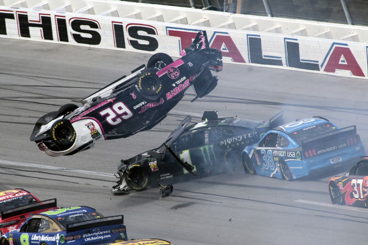 Brendan Gaughan flips in turn 3 during a NASCAR Cup Series race at Talladega Superspeedway on Monday, October 14. Gaughan was uninjured in the crash.