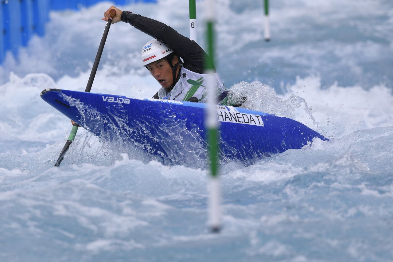 Japan's Takuya Haneda competes in the Men's Canoe Single semi-final on the third day of the NHK Cup Canoe Slalom at the Kasai Canoe Slalom Center in Tokyo, Japan, on October 20.