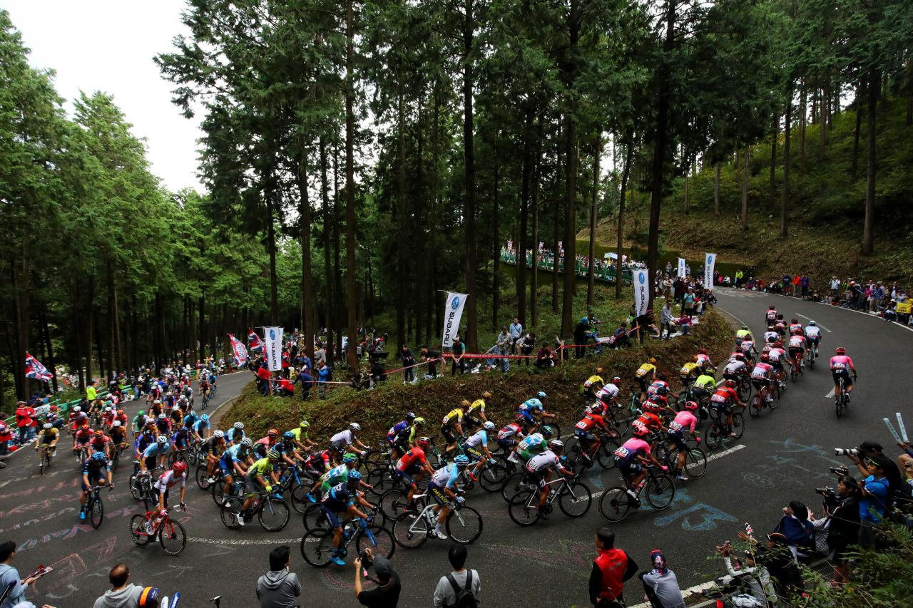 Cyclists ride uphill in the 28th Japan Cup in Utsunomiya, Japan, on October 20. 