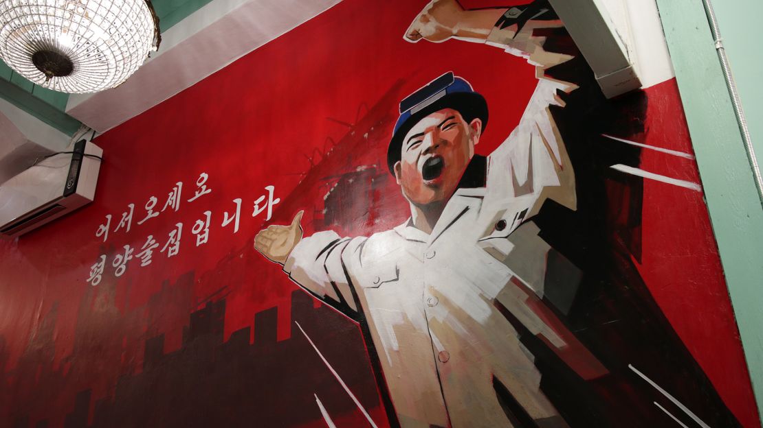 North Korea-style propaganda at Pyongyang Pub reads: "Welcome, this is Pyongyang Pub."