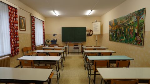 A recreated former East German classroom at the School Museum in Leipzig, Germany.