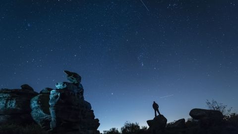 The Orionid meteor shower over Brimham Rocks in Yorkshire, England.