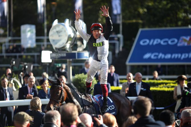 Frankie Dettori celebrates after he rides Star Catcher to win the QIPCO British Champions Fillies & Mares Stakes during QIPCO British Champions Day at Ascot Racecourse.