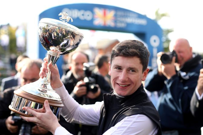Oisin Murphy celebrates after being crowned the 2019 champion Flat jockey during the QIPCO British Champions Day.