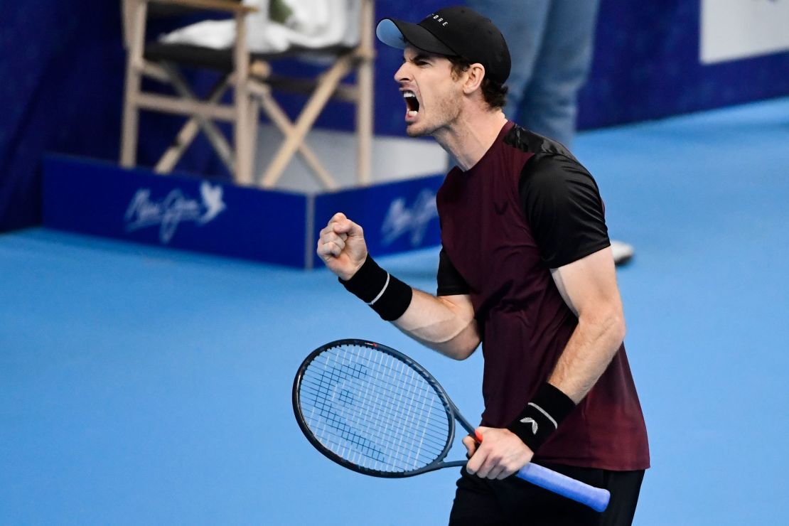 Andy Murray reacts during his victory over Stan Wawrinka in Antwerp. 