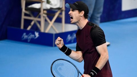 Andy Murray reacts during his victory over Stan Wawrinka in Antwerp.
