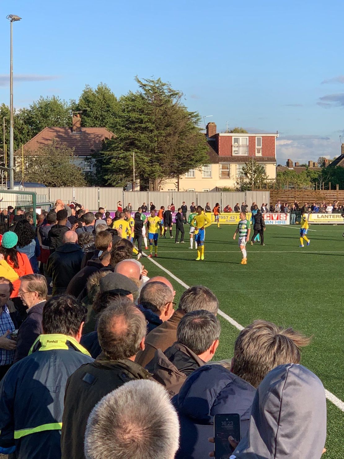 Haringey players congregate during a stoppage in the game vs. Yeovil. 
