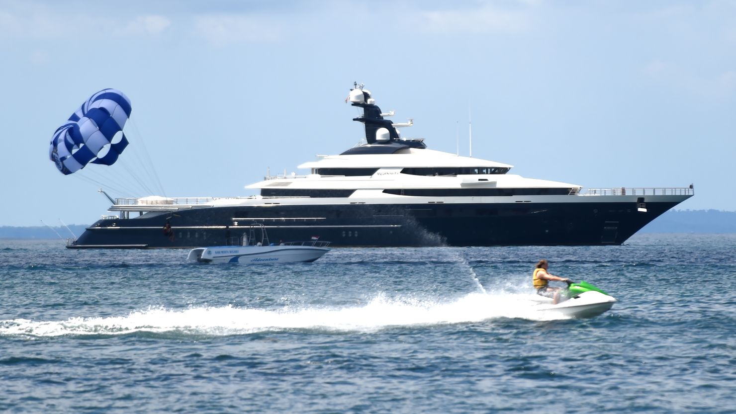 The Cayman Island-registered vessel Equanimity, which is reportedly worth some 250 million USD, sits in waters off Tanjung Benoa on the Indonesia's resort island of Bali on April 4, 2018.