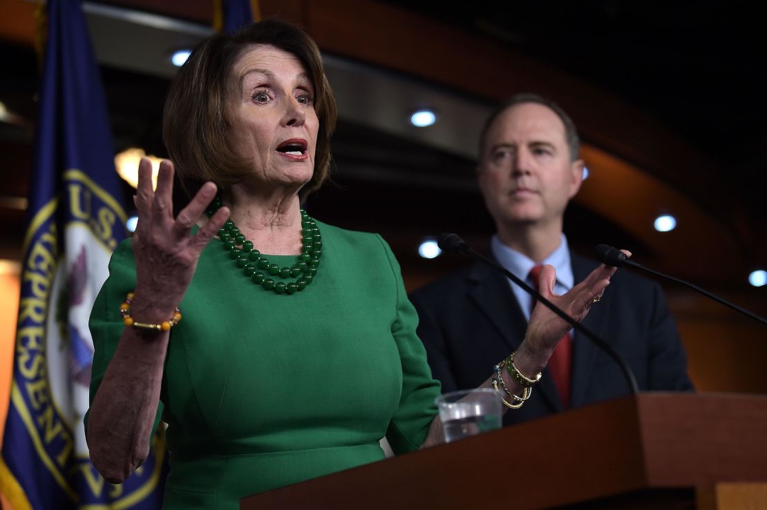 Speaker of the House Nancy Pelosi holds a press conference with House Intelligence Chairman Adam Schiff in Washington, DC, on October 15.