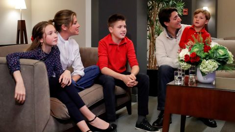 Liberal leader and Canadian Prime Minister Justin Trudeau and his wife Sophie Gregoire Trudeau, sons Xavier and Hadrien, and daughter Ella-Grace watch a television broadcast of the initial results from the federal election, in Montreal, Canada, 
