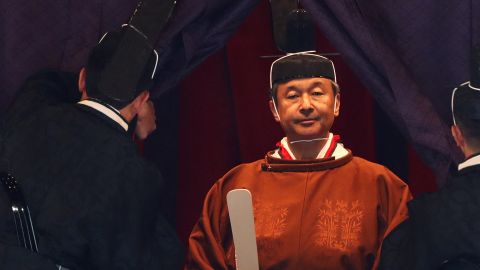 Japan's Emperor Naruhito makes his appearance during a ceremony to proclaim his enthronement to the world at the Imperial Palace in Tokyo, Japan, on October 22, 2019.