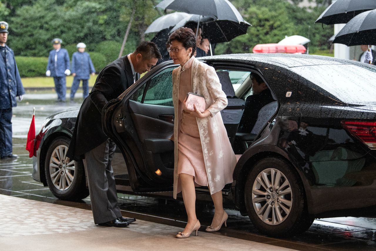 Chief Executive of Hong Kong Carrie Lam arrives at Emperor Naruhito's enthronement ceremony. 