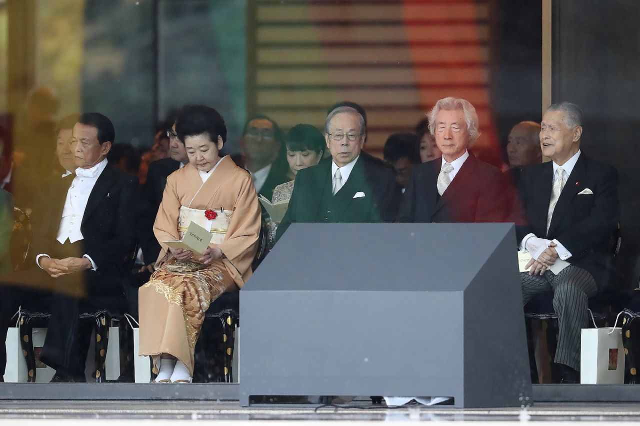 Japan's former prime ministers, Taro Aso, left, Yasuo Fukuda, center, Junichiro Koizumi, right and Yoshiro Mori, far right, attend Japan's Emperor Naruhito's proclamation ceremony marking his ascension to the throne.