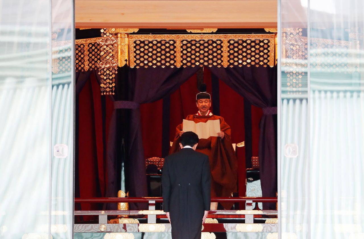 Japan's Emperor Naruhito proclaims his enthronement to the world at the Imperial Palace on Tuesday, October 22 in Tokyo, Japan.