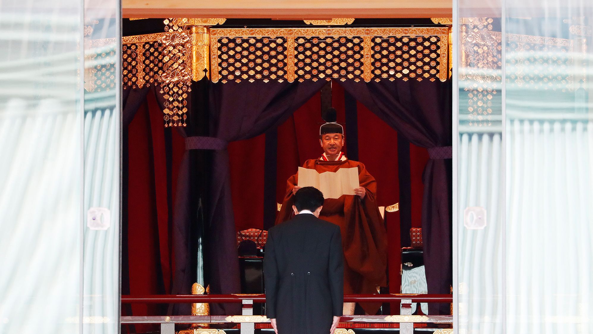 Japan's Emperor Naruhito proclaims his enthronement to the world at the Imperial Palace on Tuesday, October 22 in Tokyo, Japan.