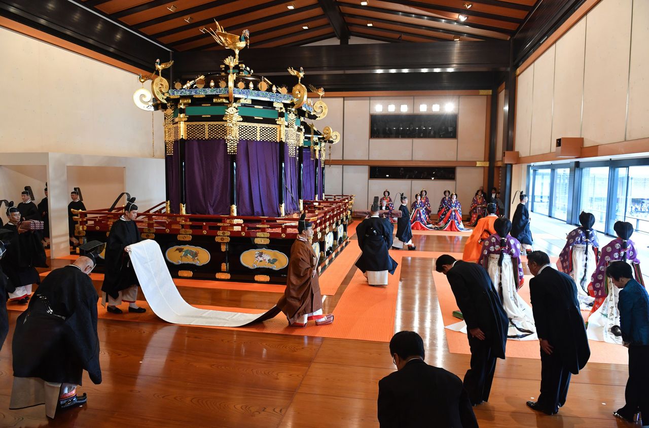 Emperor Naruhito leaves the state room at the end of the enthronement ceremony where the emperor officially proclaimed his ascension to the Chrysanthemum Throne on October 22. 