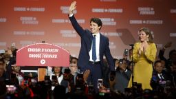 MONTREAL, QC - OCTOBER 21: Liberal Leader and Canadian Prime Minister Justin Trudeau appears on stage with his wife Sophie GrÈgoire Trudeau to deliver his victory speak at his election night headquarters on October 21, 2019 in Montreal, Canada. Trudeau remains in power with a Minority Government. (Photo by Cole Burston/Getty Images)