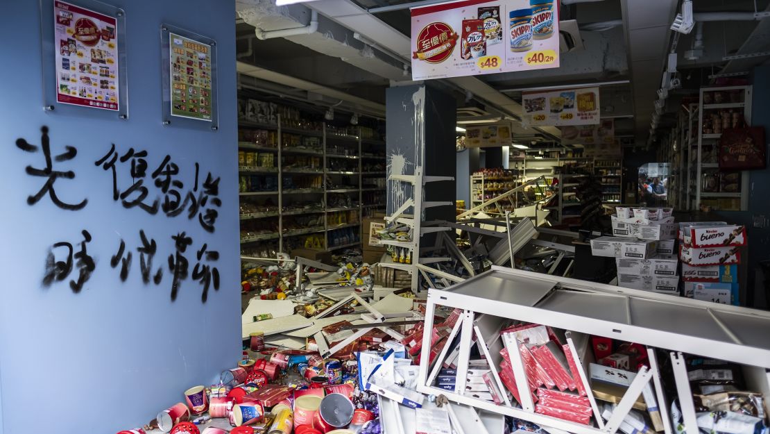 Scattered merchandise inside a vandalized store during a protest in Hong Kong on October 20, 2019.