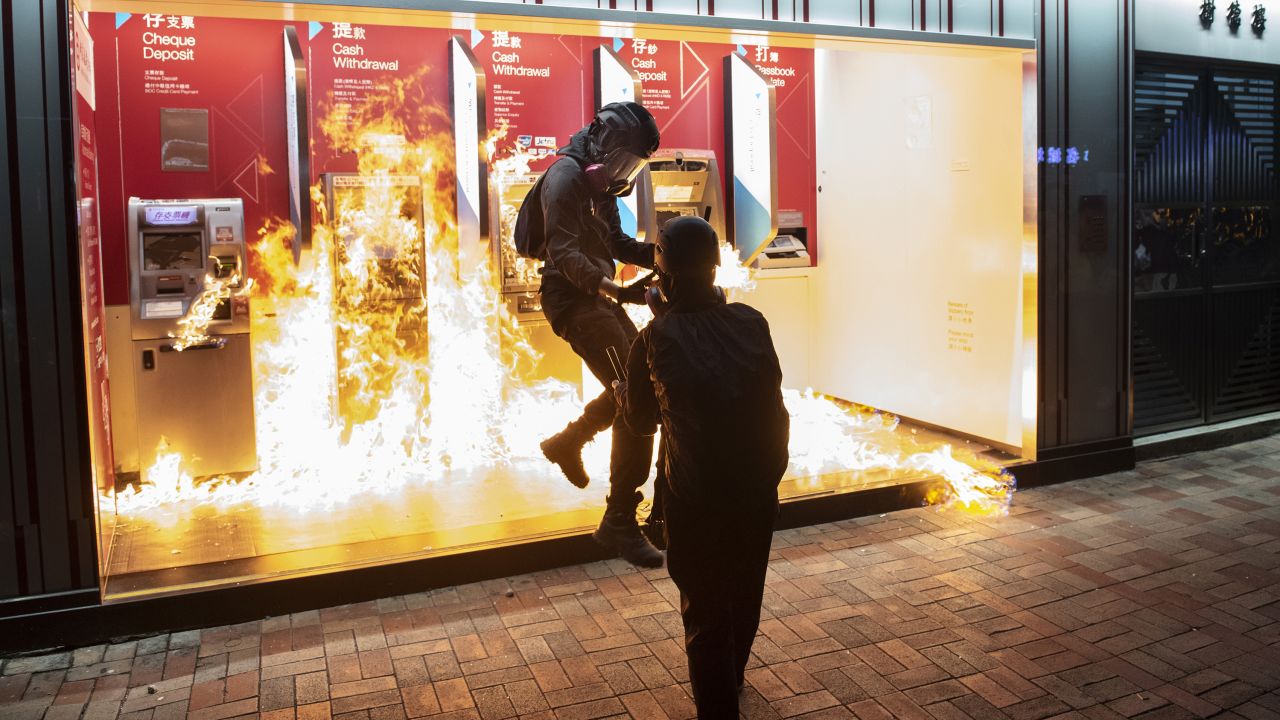Protesters set a Bank of China branch on fire in Tai Wai, Hong Kong, during a demonstration earlier this month.