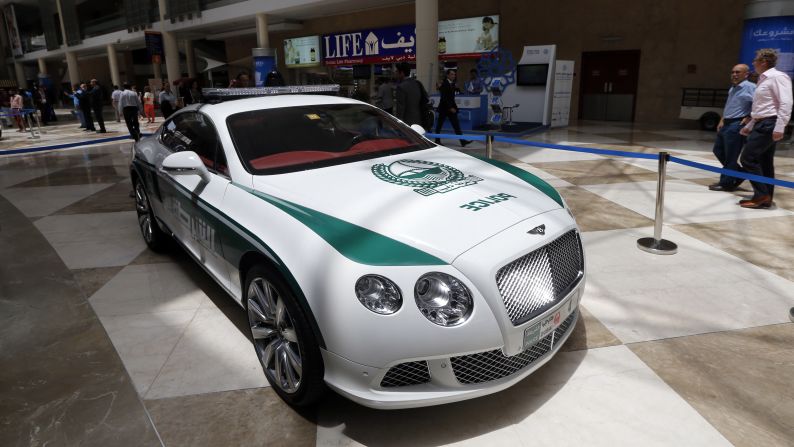 A police Bentley Continental GT on public display, one of the heavier supercars in the collection at around two and a half metric tons. <br /><br />Dubai police have since added a second Bentley - a Bentayga - to their fleet. 