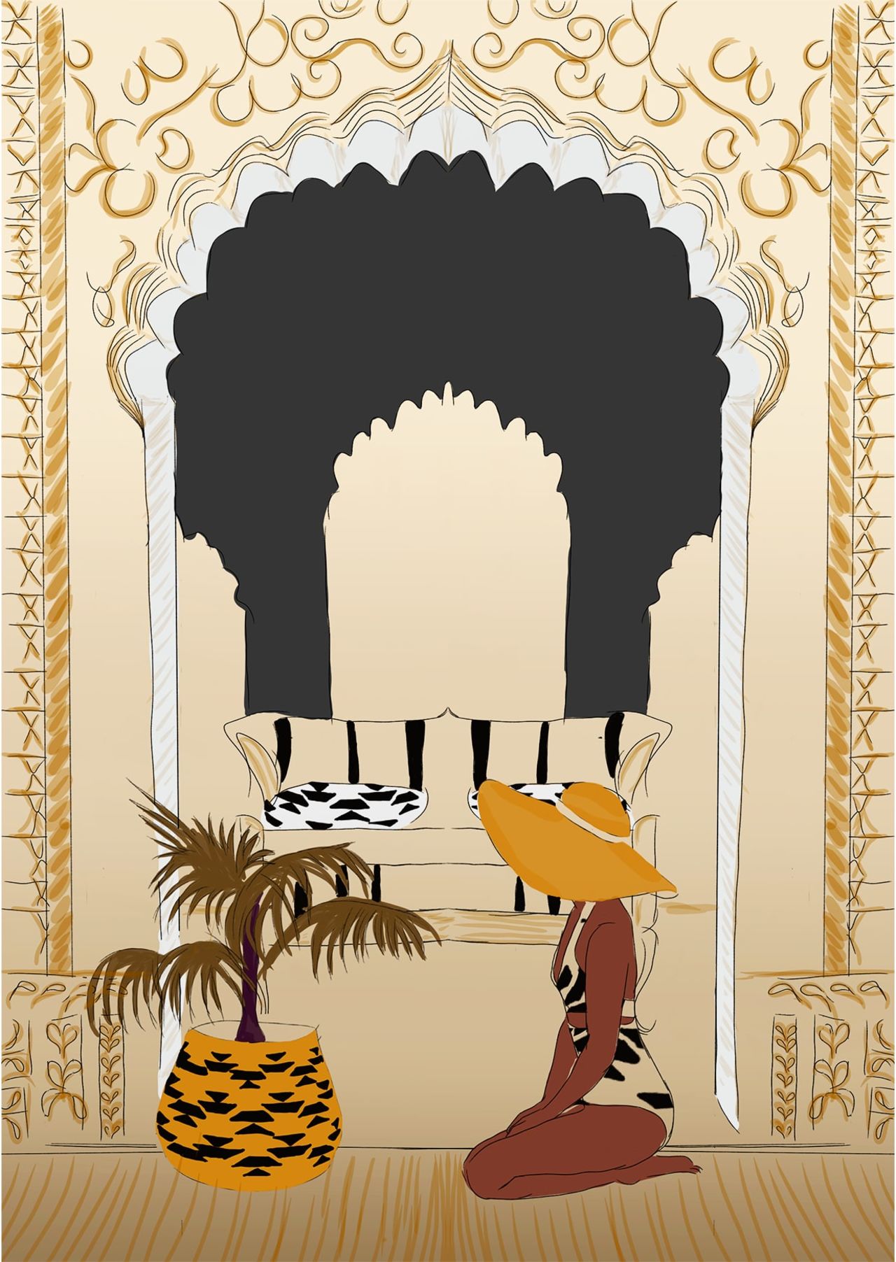 A woman enjoying her vacation in Lamu, Kenya. Inspired by Swahili architecture from Lamu.