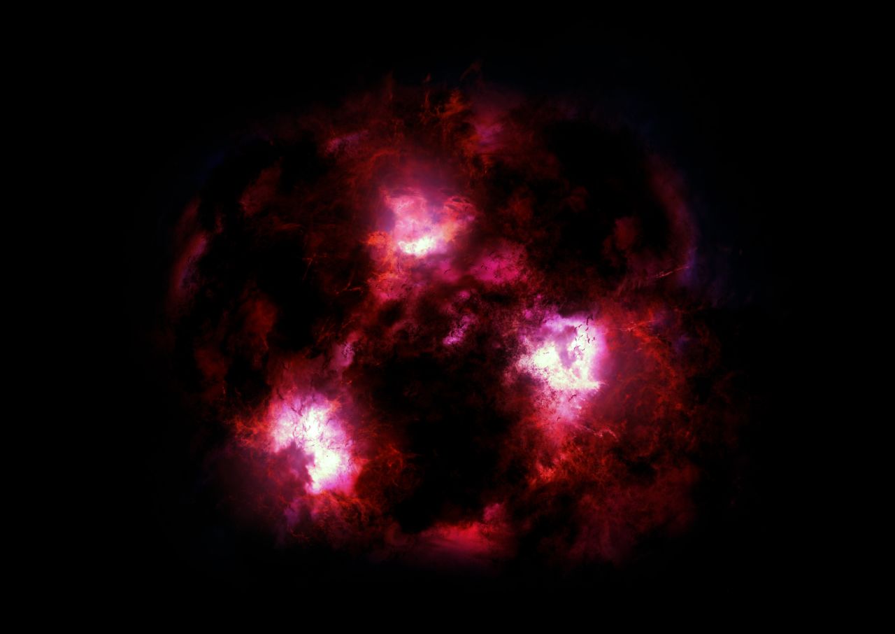 This is an artist's rendering of what a massive galaxy from the early universe might look like. The rendering shows that star formation in the galaxy is lighting up the surrounding gas. Image by James Josephides/Swinburne Astronomy Productions, Christina Williams/University of Arizona and Ivo Labbe/Swinburne.
