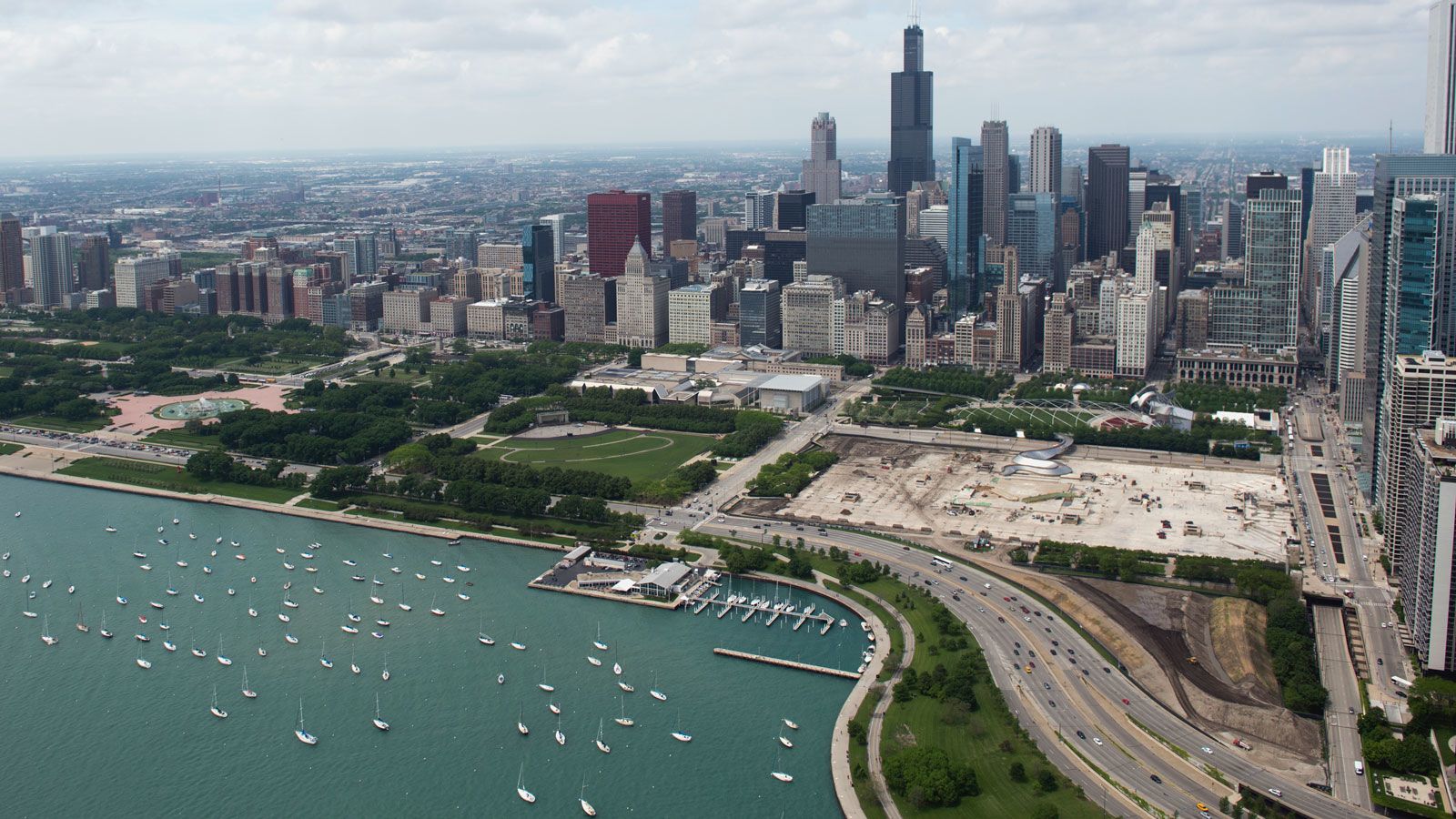 Chicago Photography Black and White: Cubs FLY-THE-W Message in Chicago  Skyline